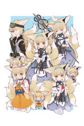 0_0 1girl :3 :d :o =_= alternate_costume animal_ears arknights backpack bag bare_shoulders black_collar black_gloves blonde_hair blue_background blue_dress border braid chibi chibi_on_head chinese_commentary closed_eyes collar commentary_request dress earpiece fingerless_gloves food fox_ears fox_girl fox_tail from_side fruit gloves goggles goggles_on_head green_eyes hair_tubes hairband headpat highres holding holding_food holding_fruit holding_staff id_card infection_monitor_(arknights) kitsune kyuubi looking_at_viewer lxjun_09 material_growth multicolored_hair multiple_tails multiple_views official_alternate_costume on_head open_mouth orange_dress orange_hairband oripathy_lesion_(arknights) pantyhose profile randoseru red_bag seiza short_hair simple_background sitting smile staff standing straight-on streaked_hair suzuran_(arknights) suzuran_(let&#039;s_carnival!)_(arknights) tactical_clothes tail thighhighs too_much_fluff two-tone_dress vest white_border white_dress white_hair white_thighhighs