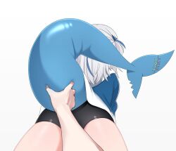 1girl absurdres animal_costume animal_hood ass ass_focus bike_shorts blue_eyes blue_hair blue_hoodie clothes_lift commentary dated_commentary fins fish_tail from_behind gawr_gura gawr_gura_(1st_costume) grabbing_another&#039;s_tail grey_hair hair_ornament highres hololive hololive_english hood hoodie long_hair mingkozus multicolored_hair shark_costume shark_girl shark_hood shark_tail solo streaked_hair tail two_side_up virtual_youtuber white_background