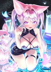1girl absurdres animal_ears antenna_hair bare_shoulders belt black_belt black_dress black_ribbon blue_butterfly blush braid breasts bug butterfly cleavage dress fangs fingernails hair_ribbon hakui_koyori hakui_koyori_(dark_maid) heart heart_in_eye heart_o-ring highres hololive insect kneeling kokoro_(hakui_koyori) large_breasts long_hair looking_at_viewer multicolored_eyes nail_polish o-ring o-ring_thigh_strap open_mouth pink_butterfly pink_eyes pink_hair pink_nails ribbon see-through_butterfly sky smile star_(sky) starry_sky stasis_tank syam_illust symbol_in_eye tail thigh_strap thighs tongue twintails two-tone_eyes v virtual_youtuber water wolf_ears wolf_girl wolf_tail