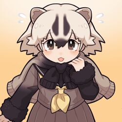 1girl :&lt; :p an-chan_(ananna0315) badger_ears badger_girl black_sleeves blush brown_eyes brown_hair brown_jacket brown_shirt brown_skirt extra_ears flying_sweatdrops gradient_sleeves hair_between_eyes highres jacket japanese_badger_(kemono_friends) kemono_friends light_brown_hair multicolored_hair neckerchief pleated_skirt sailor_collar school_uniform serafuku shirt short_hair sidelocks skirt solo sweater_around_neck tongue tongue_out yellow_neckerchief