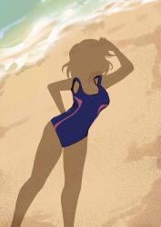 1girl absurdres beach blue_one-piece_swimsuit box_wonderland commentary dressed_shadow_(meme) highres implied_nudity love_live! love_live!_sunshine!! medium_hair meme ocean one-piece_swimsuit outdoors salute solo swimsuit unworn_clothes unworn_swimsuit watanabe_you