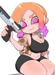Rule 34 | 1girl, bike shorts, black sports bra, blush, breasts, camouflage, camouflage shirt, cleavage, collarbone, drill hair, embarrassed, gradient hair, gun, holding, holding gun, holding weapon, large breasts, long hair, looking at viewer, miyazero, multicolored hair, n-zap &#039;85 (splatoon), n-zap (splatoon), navel, nes zapper, nintendo, octoling, octoling girl, octoling player character, octopus girl, off-shoulder shirt, off shoulder, open clothes, open shirt, orange hair, pink eyes, pink hair, pointy ears, shirt, short sleeves, sitting, splatoon (series), sports bra, suction cups, tentacle hair, two-tone hair, weapon, white background, white shirt, wide hips