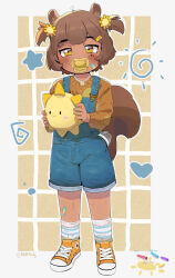 1girl absurdres blue_overalls blush brown_eyes brown_hair child dark_skin flat_chest full_body highres hottodg kemonomimi_mode looking_at_viewer original overalls pacifier shoes socks solo standing stuffed_toy tail tan twintails white_background