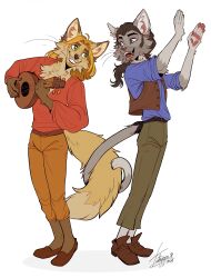2boys animal_ears artist_name cat_boy cat_ears cat_tail claws commentary dated english_commentary fox_boy fox_ears fox_tail furrification furry furry_male highres holding holding_instrument instrument lute_(instrument) male_focus miguel_(el_dorado) multiple_boys music open_mouth pawpads playing_instrument signature smile tail tail_wrap tatujapa the_road_to_el_dorado tulio_(el_dorado) whiskers white_background
