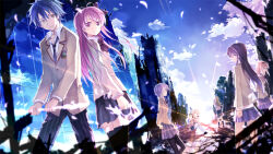 Rule 34 | 1boy, 6+girls, antenna hair, aoi sena, black pantyhose, black socks, black thighhighs, blazer, blonde hair, blue hair, bow, bowtie, brown jacket, chaos;head, closed eyes, collared shirt, d-sword, dress shirt, earthquake, falling petals, from behind, green hair, hair bow, jacket, kinoshita neko, kishimoto ayase, kneehighs, kusunoki yua, lapels, long hair, miniskirt, multiple girls, necktie, nishijou nanami, nishijou takumi, notched lapels, one side up, open collar, orihara kozue, pants, pantyhose, petals, pink eyes, pink hair, plaid bow, plaid bowtie, plaid clothes, plaid necktie, plaid pants, plaid skirt, pleated skirt, purple bow, purple bowtie, purple eyes, purple hair, purple necktie, purple pants, purple skirt, sakihata rimi, school emblem, school uniform, science adventure, shirt, short hair, skirt, socks, suimei academy school uniform, sunlight, thighhighs, twintails, white petticoat, white shirt, white thighhighs, yellow eyes