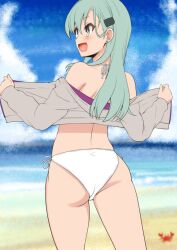 1girl aqua_eyes aqua_hair asaga_aoi ass beach bikini crab hair_ornament hairclip hood hoodie kantai_collection long_hair open_clothes open_hoodie sand suzuya_(kancolle) swimsuit white_bikini