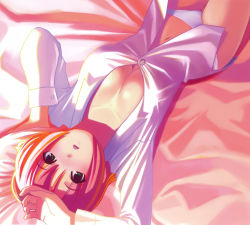 1girl bed blush breasts brown_hair cleavage dress_shirt female_focus green_eyes highres koutaro navel open_clothes open_mouth open_shirt panties rio_rollins shirt short_hair solo super_blackjack thigh_gap thighs underwear white_panties