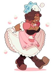 ! 1girl absurdres apron blush boots breasts brown_footwear brown_hair cleavage closed_eyes commentary commission dark-skinned_female dark_skin dress egg english_commentary fourleafisland frilled_dress frills full_body gen_8_pokemon gloves highres large_breasts long_hair mole mole_on_breast nintendo on_head open_mouth original pink_apron pink_dress pokemon pokemon_(creature) pokemon_on_head short_sleeves simple_background skirt_hold smile snom spoken_exclamation_mark standing white_background white_gloves