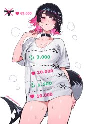 1girl black_hair blush breasts candy cleavage cowboy_shot ellen_joe fins fish_tail food hand_up highres holding holding_candy holding_food holding_lollipop large_breasts lollipop mole mole_under_eye multicolored_hair parted_lips pink_eyes pink_hair qiandaiyiyu shark_girl shark_tail shirt short_hair short_sleeves simple_background solo tail thighs twitter_strip_game two-tone_hair white_background white_shirt zenless_zone_zero