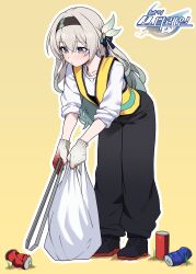 Rule 34 | 0haribo0, 1girl, absurdres, bag, bent over, black footwear, black pants, border, closed mouth, commentary request, firefly (honkai: star rail), full body, gradient eyes, grass, grey hair, hair between eyes, highres, holding, holding bag, holding tongs, honkai: star rail, honkai (series), long hair, multicolored eyes, pants, picking up, shirt, simple background, sleeves rolled up, solo, standing, tongs, trash bag, white shirt, work gloves