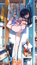 1girl ahoge arched_back arms_behind_back ball_gag bdsm black_hair blue_eyes bondage bound bound_arms bound_legs breasts cloth_gag collar completely_nude crotch_rope female_focus gag gagged highres improvised_gag liclac loli looking_at_viewer navel nipples nude original pussy pussy_juice pussy_juice_trail red_rope restrained rope shibari short_hair skindentation slave small_breasts solo standing standing_on_one_leg sweat tape tape_gag taped_hands thighs tiptoes trembling umbrella white_rope