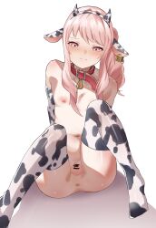 1boy absurdres akiyama_mizuki animal_collar animal_ears animal_print anus arms_behind_back bar_censor bell blush censored closed_mouth collar cow_ears cow_horns cow_print cow_print_gloves cow_print_thighhighs ear_tag elbow_gloves fake_animal_ears fake_horns flaccid genderswap genderswap_(otm) gloves highres horns knees_up looking_at_viewer male_focus navel neck_bell nipples no_shoes nude penis pink_eyes pink_hair print_gloves print_thighhighs project_sekai red_collar shadow side_ponytail sidelocks sitting sweatdrop testicles thighhighs trap uwuasa