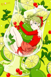 1girl aqua_eyes bare_shoulders bow breasts cocktail_glass cup dissidia_012_final_fantasy dissidia_final_fantasy dress drinking_glass earrings elbow_gloves final_fantasy final_fantasy_vi food fruit full_body gloves green_background green_hair hair_bow highres jewelry lime_(fruit) lime_slice medium_breasts parted_bangs ponytail red_bow red_dress red_footwear red_gloves ren_mizuha sash solo strappy_heels tina_branford waist_sash wavy_hair