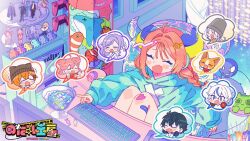 +++ 3boys 4girls :d bandaid bandaid_on_knee bandaid_on_leg beanie black_hair blue_eyes blue_hair blue_hoodie blush_stickers braid brown_hat bucket bucket_on_head candy cat chibi chibi_inset closed_eyes commentary_request computer_keyboard cup drinking_glass drinking_straw fang figure food hair_ornament hairclip hat headphones hood hood_down hoodie knees_up laughing long_hair long_sleeves monitor multicolored_hair multiple_boys multiple_girls notamaru_2 object_on_head open_mouth orange_hair original playstation_controller purple_hair single_braid skin_fang smile streaked_hair white_hair wrapped_candy x_hair_ornament