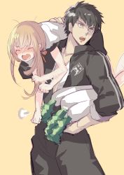 10s 2boys absurdres black_hair blonde_hair blush carrying_over_shoulder daikon doudanuki_masakuni closed_eyes gin_(oyoyo) highres long_hair male_focus midare_toushirou multiple_boys open_mouth radish scar short_hair tears touken_ranbu track_suit trap yellow_eyes