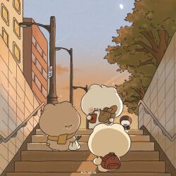 Rule 34 | 4others, animal, artist name, backpack, bag, bear, building, chibi, city, cup, drinking straw, highres, holding, holding cup, kocobear, light particles, moon, multiple others, no humans, original, outdoors, plant, railing, scarf, sign, sky, solid circle eyes, stairs, tree