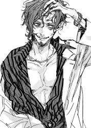 1boy bags_under_eyes beard_stubble blue_lock bracelet chain chain_necklace don_lorenzo facial_hair greyscale hand_in_own_hair highres jewelry konbe22 looking_to_the_side medium_hair messy_hair monochrome necklace open_clothes open_mouth open_shirt pectorals sketch smile solo stubble white_background