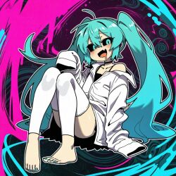 blue_hair blue_toenails feet flat_chest hatsune_miku hood hoodie