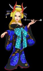 1girl bare_shoulders black_maria_(one_piece) blonde_hair blue_eyes breasts cleavage collarbone earrings hair_ornament horns japanese_clothes jewelry lipstick long_hair makeup one_piece smile solo