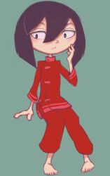 1girl arm_support barefoot black_eyes black_hair blush celestin conoghi green_background hand_on_own_cheek hand_on_own_face huan_(celestin) jacket long_sleeves looking_to_the_side pants red_jacket red_pants short_hair sitting
