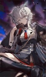 1girl animal_ears arknights black_dress black_gloves black_jacket buttons chinese_commentary clouble commentary_request cropped_jacket dot_nose dress facial_scar fang gloves grey_eyes grey_hair hair_between_eyes hair_ornament hairpin half_gloves hand_on_own_face highres jacket lappland_(arknights) lappland_the_decadenza_(arknights) long_hair long_sleeves looking_at_another looking_at_viewer messy_hair multiple_hairpins necktie originium_(arknights) red_necktie scar scar_across_eye scar_on_cheek scar_on_face shirt shirt_tucked_in shoulder_pads smirk solo torn_clothes torn_necktie turtleneck white_shirt wide_sleeves wolf_ears