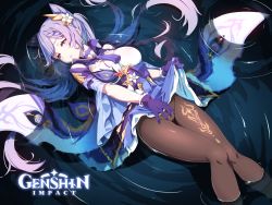 1girl black_pantyhose breasts cameltoe clothes_lift cone_hair_bun flower genshin_impact hair_bun hair_flower hair_ornament half-closed_eyes highres keqing_(genshin_impact) lifting_own_clothes looking_at_viewer lying on_back pantyhose parted_lips partially_submerged purple_eyes purple_hair sando_(dukedevil) skirt skirt_lift solo thighs water
