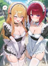 2girls apron arima_kana blonde_hair blushed_face hoshino_ruby long_hair maid maid_apron multiple_girls oshi_no_ko red_eyes red_hair short_hair