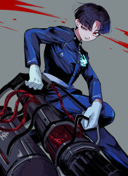 1boy absurdres belt black_hair black_pants blood blue_fire egg_omote eyeshadow facial_mark feet_out_of_frame fire forehead_mark gakuran gatling_gun gloves grey_background gun highres holding holding_gun holding_weapon last_defense_academy_school_uniform lower_teeth_only makeup male_focus maruko_gaku minigun pants red_eyes red_eyeshadow school_uniform short_hair solo teeth the_hundred_line_-last_defense_academy- very_short_hair weapon white_gloves
