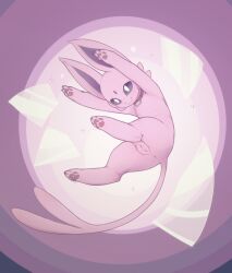 1girl :3 animal_collar animal_focus animal_sexualization anus arms_up cleft_of_venus closed_mouth collar colored_sclera espeon female_focus forehead_jewel forked_tail full_body gem gen_2_pokemon happy kekitopu looking_afar nintendo pawpads pokemon pokemon_(creature) purple_background purple_sclera purple_theme pussy red_gemstone smile solo sparkle tail uncensored white_eyes