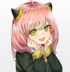 Rule 34 | 1girl, :d, ahoge, anya (spy x family), black dress, commentary, dress, eyelashes, green eyes, hairpods, hands on own cheeks, hands on own face, hashtag-only commentary, henoopd, highres, long hair, looking at viewer, neck ribbon, open mouth, pink hair, red ribbon, ribbon, simple background, smile, solo, spy x family, symbol-only commentary, tongue, upper body, white background