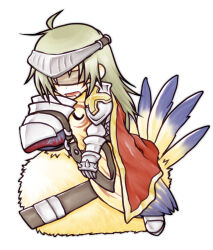 1boy ahoge ark_kan armor barding bird cape commentary_request cross full_body green_hair long_hair lord_knight_(ragnarok_online) lowres male_focus open_mouth pauldrons peco_peco ragnarok_online red_cape riding riding_bird shoulder_armor simple_background sleeping solo spiked_gauntlets visor_(armor) white_background
