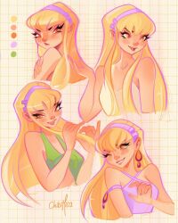 1girl annoyed armlet art_study bare_arms bare_shoulders blonde_hair breasts brown_eyes chibimica cleavage color_guide commentary criss-cross_halter crop_top cropped_torso crossed_arms earrings english_commentary eyelashes front-tie_top frown furrowed_brow green_shirt grid_background hairband half-heart_hands halter_shirt halterneck hand_up happy heart heart_in_eye highres jewelry large_earrings lipstick long_hair long_sidelocks looking_back makeup midriff multiple_views one_eye_closed open_mouth outline pink_lips playing_with_own_hair purple_hairband purple_outline purple_shirt red_lips shirt sidelocks signature single_earring single_strap sleeveless sleeveless_shirt smile stella_(winx_club) symbol_in_eye teeth very_long_hair white_background white_shirt winx_club