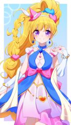 1girl absurdres asahina_mirai blonde_hair blue_choker blue_shirt bow choker cure_miracle cure_miracle_(sapphire_style) earrings gauntlets gloves hair_bow hat hat_ornament heart heart_hat_ornament highres jewelry long_hair looking_at_viewer magical_girl mahou_girls_precure! mini_hat mini_witch_hat navel pink_hat precure purple_eyes request_inset shawl shirt skirt smile solo user_jzcr7853 watermark white_gloves wide_ponytail witch_hat