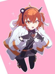 1girl a.i._voice adachi_rei belt belt_pouch black_gloves black_pantyhose black_shirt four-finger_heart_hands full_body gloves grey_skirt hair_ribbon headlamp heart heart_hands highres jacket long_sleeves looking_at_viewer miniskirt molmax0710 one_side_up open_clothes open_jacket orange_belt orange_eyes orange_hair outline own_hands_together pantyhose pink_background pouch ribbon shirt skirt smile solo utau white_jacket white_outline white_ribbon