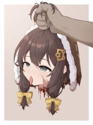 1girl absurdres blood blood_on_face blood_on_neck border brown_hair call_dream commentary_request grabbing_another&#039;s_hair grey_eyes guro hair_ornament hair_ribbon highres hood looking_ahead medium_hair outside_border ribbon severed_head solo strinova tongue tongue_out white_border yellow_ribbon yvette_(strinova)