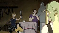 1girl 4boys :d alphonse_elric animated animated_gif automail bandages bandana black_hair blonde_hair blue_eyes chain chair close-up cup d: earrings edward_elric fullmetal_alchemist garfiel_(fma) jewelry ling_yao lipstick lowres makeup multiple_boys o_o open_mouth scared shirt sleeveless sleeveless_shirt smile sweatdrop table tank_top teacup winry_rockbell wire