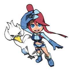 1girl :d arm_up bird blacknirrow blue_eyes blue_footwear blue_gloves blue_shirt blue_shorts dark-skinned_female dark_skin eyelashes full_body gen_5_pokemon gloves hair_bun hip_vent midriff navel nintendo open_mouth pokemon pokemon_(creature) pokemon_bw red_hair shirt short_hair_with_long_locks shorts skyla_(pokemon) smile standing swanna teeth upper_teeth_only