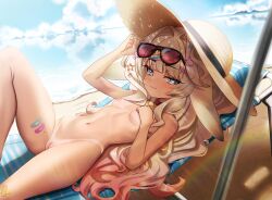 1girl :3 absurdres alternate_breast_size animal_ears bandaid_on_thigh beach_chair bell bikini_tan blonde_hair breasts chair cleft_of_venus closed_mouth commentary commission completely_nude crossed_bandaids day deck_chair english_commentary eyewear_on_head film_grain fingernails folding_chair from_side grey_eyes hair_intakes hair_ornament hat highres kiari_art knee_up lens_flare loli long_fingernails long_hair looking_at_viewer lying mole mole_on_thigh multiple_moles nail_polish navel neck_bell nipples nude nudist on_back outdoors pussy rabbit-shaped_pupils rabbit_ears rabbit_hair_ornament shibi_cottonbum small_breasts smile solo star_(symbol) star_hair_ornament sun_hat sunglasses symbol-shaped_pupils tan tanline too_many_hair_ornaments uncensored vallure variant_set virtual_youtuber x_hair_ornament