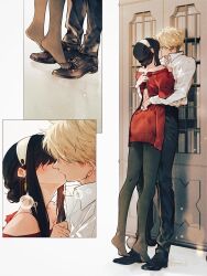 1boy 1girl absurdres back_cutout bare_shoulders black_footwear black_hair black_pants black_pantyhose blonde_hair blush bookshelf clothing_cutout collared_shirt couple dress earrings feet full_body hairband hetero highres hug husband_and_wife implied_kiss jewelry kiss long_hair long_sleeves maiii_(smaii_i) no_shoes off-shoulder_sweater off_shoulder pants pantyhose red_sweater shirt shoes short_hair sidelocks spy_x_family standing sweater tiptoes twilight_(spy_x_family) white_shirt yor_briar