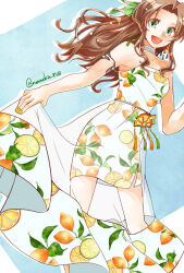 aerith_gainsborough aerith_gainsborough_(citric_dress) armlet bare_shoulders blue_background border breasts brown_hair choker dress earrings feet_out_of_frame final_fantasy final_fantasy_vii final_fantasy_vii_ever_crisis food-themed_earrings food_print food_themed_earrings fruit_print green_eyes green_ribbon grey_choker hair_ribbon half_updo jewelry long_dress long_hair looking_at_viewer medium_breasts nail_polish nanoka_rio official_alternate_costume open_mouth orange-shaped_earrings orange-shaped_ornament orange_print parted_bangs print_dress ribbon see-through_clothes see-through_skirt side_slit sidelocks skirt smile strapless strapless_dress twitter_username wavy_hair white_border yellow_nails