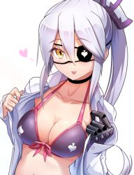 Rule 34 | 1girl, :p, bikini, bikini under clothes, blush, breasts, choker, cleavage, closed eyes, clubs, collarbone, collared shirt, dress shirt, eyelashes, female focus, flashing, front-tie bikini top, front-tie top, hair between eyes, hair ornament, halterneck, hawe king, high ponytail, long hair, long sleeves, looking at viewer, mechanical hands, medium breasts, open clothes, open shirt, original, ponytail, print bikini, prosthesis, purple bikini, shirt, sidelocks, silver hair, simple background, single mechanical hand, sleeves past wrists, solo, stomach, swimsuit, tongue, tongue out, upper body, white background, white shirt, yellow eyes