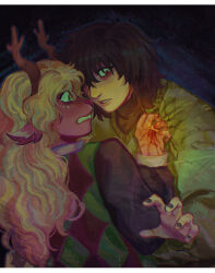 1girl 1other animal_ears antlers blonde_hair checkered_clothes checkered_sweater_vest checkered_vest deer_antlers deer_ears deer_girl deltarune furry furry_female heiriz highres horns jewelry kris_(deltarune) long_hair long_sleeves noelle_holiday red_eyes reindeer_girl ring spiked_ring teeth thorn_ring_(deltarune) thorns two-tone_sweater_vest vest weird_route_(deltarune)