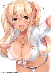 1girl absurdres bikini_tan blonde_hair blush braid breasts brown_eyes cleavage collarbone fang female_focus front-tie_shirt front-tie_top hair_between_eyes heart highres jewelry large_breasts leaning_forward long_hair looking_at_viewer mole mole_on_stomach navel necklace open_mouth sazaki_ichiri scan selfie short_shorts shorts simple_background smile solo sunohara_nana sunoharasou_no_kanrinin-san tan tanline twintails white_background