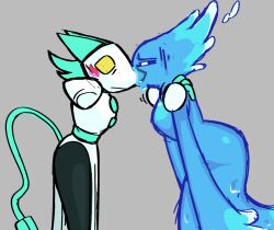 2girls animal_ears blue_hair cable cable_tail cat_ears cat_girl colored_sclera commentary deltarune electric_plug electric_plug_tail english_commentary freaky_frohicky furry furry_female hands_on_another&#039;s_shoulders highres kiss mechanical_tail miss_mizzle monster_girl multiple_girls rayman_limbs slime_girl tail tasque_manager water yellow_sclera yuri