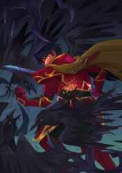 1boy alt_text armor bird birthmark blue_hair broken_armor cape commentary crow fire_emblem fire_emblem:_radiant_dawn green_eyes highres holding holding_sword holding_weapon male_focus nintendo red_armor serennesart short_hair solo_focus sword weapon yellow_cape zelgius_(fire_emblem)