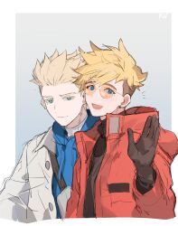 2boys black_gloves black_shirt blonde_hair blue_eyes blue_hoodie border brothers coat gloves green_eyes grey_background highres hood hoodie jacket light_smile looking_at_viewer male_focus millions_knives multiple_boys open_mouth orange-tinted_eyewear outside_border red_coat round_eyewear semi-rimless_eyewear shirt short_hair siblings simple_background sketch tinted_eyewear trigun trigun_stampede turtleneck twins undercut upper_body vash_the_stampede white_border white_jacket