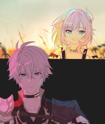 1boy 1girl absurdres ahoge armor blue_eyes closed_mouth coat commentary cyrene_(honkai:_star_rail) english_commentary hair_ornament highres honkai:_star_rail honkai_(series) jewelry mabugeki_dubu necklace outdoors pauldrons phainon_(honkai:_star_rail) pink_hair pink_pupils shirt short_hair shoulder_armor single_pauldron smile wheat_field white_coat white_shirt