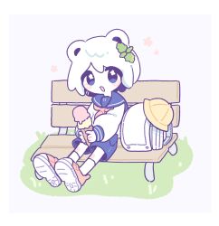 Rule 34 | 1girl, :3, animal ears, backpack, bag, bear ears, bear girl, bench, blue eyes, blush stickers, commentary request, food, full body, grass, hair ornament, hat, highres, higiki, holding, holding food, holding ice cream, holding ice cream cone, ice cream, ice cream cone, leaf hair ornament, open mouth, original, randoseru, school hat, school uniform, serafuku, shoes, short hair, shorts, sitting, smile, sneakers, socks, solo, unworn hat, unworn headwear, white hair