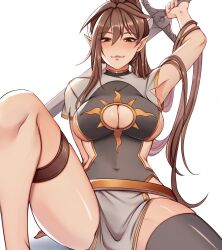 Rule 34 | 1hp club, :3, black eyes, black thighhighs, breasts, brown hair, cleavage cutout, clothing cutout, commentary, elfboiii, english commentary, feet out of frame, genderswap, genderswap (mtf), hair over shoulder, highres, holding, holding behind back, holding sword, holding sword behind back, holding weapon, holding weapon behind back, knee up, leg belt, long hair, looking at viewer, pelvic curtain, pointy ears, sideboob, single thighhigh, solaire (1hp club), sun print, sword, thighhighs, very long hair, weapon, zettai ryouiki