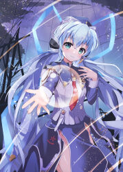 1girl absurdres ao8_soyogi aqua_eyes blue_dress blue_hair blue_hat character_name commentary_request dress hair_between_eyes hat highres hoshino_yumemi light_blush long_hair long_sleeves looking_at_viewer low_twintails name_tag necktie outstretched_hand planetarian red_necktie smile solo twintails very_long_hair vest white_vest